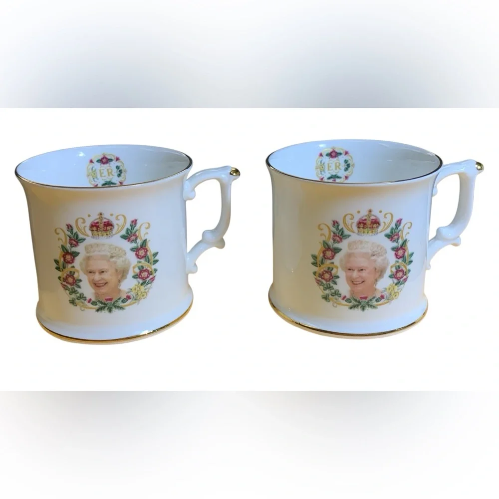 2012 Queen Elizabeth Diamond Jubilee Tea Cup Set. Gold Trim, Royal Designs, Mint